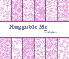 Digital Damask Paper - Wisteria Damask - Lavender Damask Digital Backgrounds for Scrapbook, Wedding, Invitations, Cards 12x12 - HMD00059