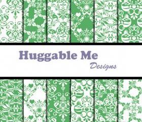  Sage Green Damask Paper - Sage & White Damask Designs, Scrapbook Printables for Scrapbook, Wedding, Cards - HMD00065