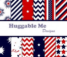  Digital Scrapbooking Paper Red White Blue Chevron Stripes Stars Patriot Digital Backgrounds for Scrapbook Invitation Cards 12x12 - HMD00010