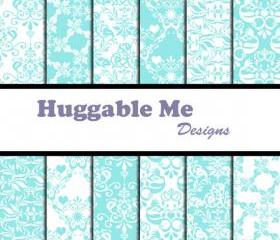 Digital Scrapbooking Paper Blue Damask Paper Digital Backgrounds for Scrapbook Wedding Invitations Cards 12x12 - HMD00056