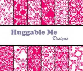 Digital Scrapbooking Paper Hot Pink Damask Paper Fuchsia Damask Digital Backgrounds for Scrapbook Wedding Invitations Cards 12x12 - HMD00055