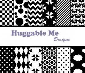 Digital Scrapbooking Paper Black and White Digital Scrapbooking Paper Wedding Invitation Cards Chevron Polka Dots 12x12 - HMD00054