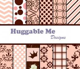 Digital Scrapbooking Paper Blush and Brown Chevron Stripes Dots Digital Paper for Baby Girl Scrapbook Invitation Cards 12x12 - HMD00020