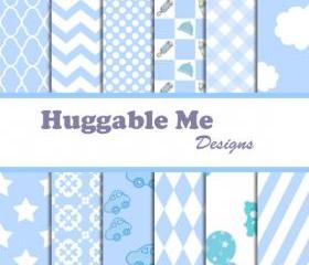 Digital Scrapbooking Paper Baby Blue for Baby Boy Scrapbook Invitation Cards Chevron Stripes Stars Gingham Polka Dots 12x12 - HMD00013