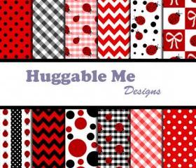 Digital Scrapbooking Paper Ladybug Scrapbook Invitation Cards Ladybug Chevron Gingham Polka Dots 12x12 - HMD00053