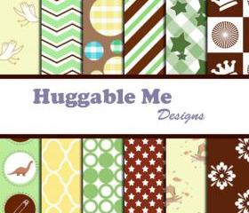Digital Scrapbooking Paper Mint and Brown Chevron Stripes Dots Stars Digital Paper for Baby Boy Scrapbook Invitation Cards 12x12 - HMD00019