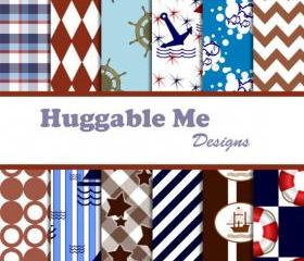 Digital Scrapbook Paper Navy Brown Nautical Sailing Sailboats Digital Paper for Baby Boy Scrapbook Invitation Cards 12x12 - HMD00015