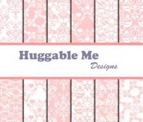 Digital Scrapbooking Paper Pink Damask Paper Digital Backgrounds for Scrapbook Wedding Invitations Cards 12x12 - HMD00034