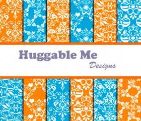 Orange Damask and Blue Damask Digital Scrapbooking Paper for Scrapbook Wedding Invitation Cards 12x12 - HMD00052