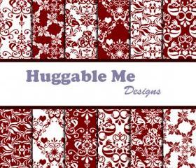 Burgundy Damask Digital Scrapbooking Paper for Scrapbook Wedding Invitation Cards 12x12 - HMD00051