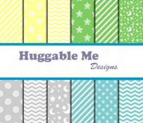 Digital Scrapbooking Paper Pastel Blue Green Yellow Gray Chevron Stars Stripes Dots for Baby Boy Scrapbook Invitation Cards 12x12 - HMD00040