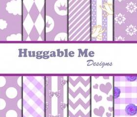 Digital Scrapbooking Paper Lavender Hearts Polka Dots Stripes Floral Chevron Paper for Baby Girl Scrapbook Invitation Cards 12x12 - HMD00048