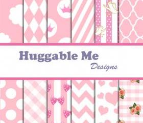 Digital Scrapbooking Paper Pink Hearts Polka Dots Stripes Floral Chevron Paper for Baby Girl Scrapbook Invitation Cards 12x12 - HMD00014