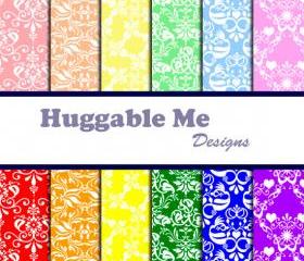 Digital Scrapbooking Paper Rainbow Damask Paper - Pastel Damask Digital Paper for Scrapbook Invitation Cards 12x12 - HMD00045