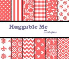 Digital Scrapbooking Paper Coral Floral Chevron Hearts Stripes Patterns Paper for Baby Girl Scrapbook Invitation Cards 12x12 - HMD00044
