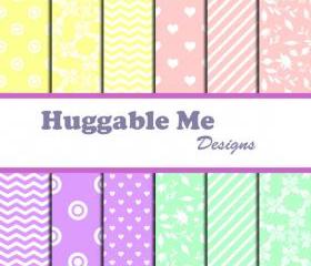 Digital Scrapbooking Paper Pastel Floral Chevron Hearts Stripes Patterns Paper for Baby Girl Scrapbook Invitation Cards 12x12 - HMD00041