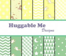 Digital Scrapbooking Paper Pastel Mint Yellow Chevron Gingham Stars Dots for Baby Boy Scrapbook Invitation Cards 12x12 - HMD00039