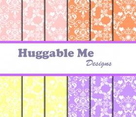 Digital Scrapbooking Paper Pink Lavender Coral Yellow Damask Paper for Scrapbook Wedding Invitation Cards 12x12 - HMD00036
