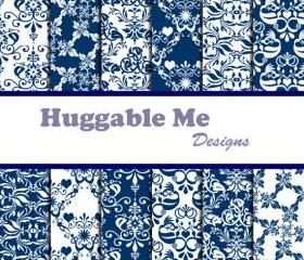 Digital Scrapbooking Paper Navy Blue Damask Digital Backgrounds for Wedding Scrapbook Invitation Cards 12x12 - HMD00035