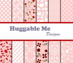 Digital Scrapbooking Paper Red White Pink Digital Valentine Paper for Wedding Scrapbook Cards Backgrounds 12x12 - HMD00029