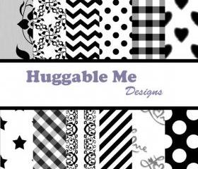 Digital Scrapbooking Paper Black and White Dots Chevron Stripes Stars Damask Digital Backgrounds 12x12 - HMD00012