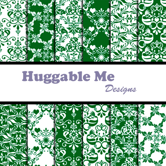 Green Damask Paper Sage & White Damask Designs, Scrapbook Printables For Scrapbook, Wedding